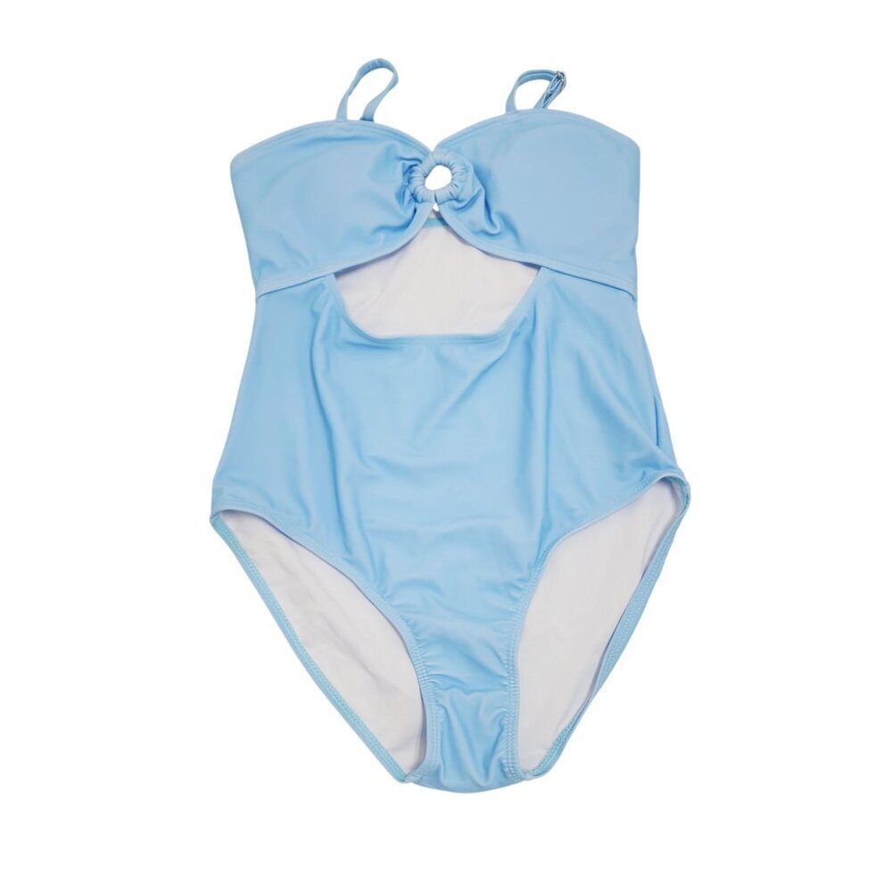 Girls Blue One-Piece Swimsuit With Tropical Leaf Sarong Wrap Size 13 -14 y